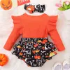 Rompers Baby Girls Halloween Romper Clothes Fake Two Piece Patchwork Jarretl Long Sleeves Cartoon Pattern Print Jumpsuit With Headband J220922