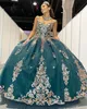 Vestido de quinceanera verde hunter 2023 brilho de lantejoulas de lantejoulas de lantejoulas de bola de marmelo de marmelo do ombro espartilho de 15 anos de festas de aniversário de 15 anos.