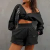 Survêtements pour femmes Shorts Femme Sport Survêtement Femmes 2022 Tenues V Cou À Manches Longues Sweats À Capuche Hauts Et Mini Biker Deux Pièces Ensemble