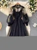 Casual Dresses Summer Women's Dress Temperament Flower Mesh Stand Collar Lantern Sleeves High Waist Slim Suspender Two-piece