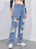 Frauen mit hoher Taille l￤ssig locker locker gerissene Wash Blue Jeanshose Delannes Weitbeinjeans