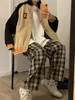 여성용 바지 Capris Houzhou Harajuku 격자 무늬 여성 대형 다리 바지 여성 Korean Style High Waist Checkered Pajama Spring Summer 220922