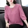 Blouses Femmes Solide Demi-manches Perles Chemise En Mousseline De Soie Femmes Mode Élégant O-cou Plus Taille 4XL Lâche Tee Dames 2022 Vert Tops D'été