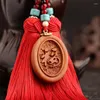 Interi￶rdekorationer Bilf￶rs￶rjning Boxwood Wood Carving Ping en Fu Lu Bodhi Red Double Tassel Pendant