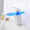 Bathroom Sink Faucets LED Light Basin Glass Waterfall Faucet Deck Mounted Wash Taps Color Changes Temperature And Cold Tap