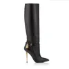 Winter-Kniestiefel mit Vorhängeschloss, TF-Pumpstiefel, schwarzes braunes Wildleder, spitze Zehenpartie mit goldenen Absätzen, luxuriöse Damen-High-Heel-Pumps mit Box