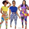 Summer Womens Printed Pants Set Designer T Shirt Bandage Hollow Out Leggings Two Piece Tracksuits Ladies Matching Sets