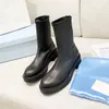 Botas de grife mulheres bota de couro preto inverno sapatos casuais plataforma martin botas emenda estiramento dedo do pé redondo apontou sapatos Size35-40