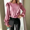 Women's Blouses Women Shirt Blouse O-Neck Long Sleeves Autumn Top Ladies Ruffles Decor Solid Color Tunic Pullover Female Streetwear