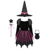 Occasioni speciali Costume da strega di Halloween per bambine, scintillanti stelle argentate, vestito cosplay di carnevale stampato con cappello a punta, bacchetta magica, vestiti 220922