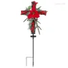 Fleurs décoratives Noël Croix Fleur Pieu Led Lumière Solaire Avec Pomme De Pin De Baies Rouges Pour Jardin Extérieur Pelouse Décoration Cadeau HX6D