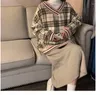 여자 후드 대형 까마귀 격자 무늬 프린트 스웨트 풀오버 v- 넥 롱 슬리브 탑 여성 느슨한 한국 패션 의류하라 주쿠