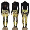 Q6054 Autumn New Hot Drill Print Tracksuits For Women Long Sleeve Round Neck Tops And Sports Pants Casual Two Piece Sets