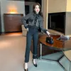 Women's Two Piece Pants Ladies Autumn 2 Set Women Plaid Tweed Tassel Bow Lace Up Short Jacket Coat High Waist Black Split Flare Suit