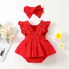 Rompers Baby Summer Clothers新生児の女の子の服リブソリッドカラーレースフライスリーブジャンプスーツロンパーヘッドバンド2ピース衣装J220922