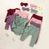 Set di abbigliamento Estate 3 pezzi Completi per bebè Tinta unita Ruffled Maniche lunghe Pagliaccetto Elastico in vita Pantaloni Fascia per bambine 0-24 mesi