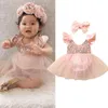 Rompers Baby Girls Summer Romper Fly Sleeves Backless Pink paljett Patchwork Dresseighty Jumpsuits Solid Headband Outfit J220922