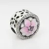 925 Sterling Silver Pink Magnolia Flower Charm Beads European Origin