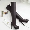 Bottes ￩lastiques cuisses hautes bottes femme extr￪mement haut talon mode sexy sur le genou Boots Chaussures en cuir noir Lady plus taille 48 J220923