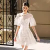 Party Dresses Vietnamese Designer Dress Lace Embroidery Waist Closing Women's Elegant Retro Dinner Banquet Short 2022 Summer