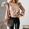 Women's Blouses Women Shirt Blouse O-Neck Long Sleeves Autumn Top Ladies Ruffles Decor Solid Color Tunic Pullover Female Streetwear