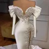 Pearls Crystal Mermaid Wedding Dresses With Long Sleeves Off Shoulder Vintage Satin Bridal Gowns Arabic Aso Ebi Sexy Split Second Reception Dress CL1173