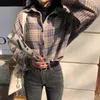 Blouses Femmes Hiver Gris Plaid Veste Manteau Femmes Streetwear Longue Leeve Épaisse Laine Mode Poche Surdimensionnée Revers Automne Chemises Manteaux