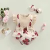 로마 신생아 신생아 여자 아기 롬퍼면 짧은 꽃 인쇄 점프 슈트 헤드 밴드 유아 여름 옷 의상 J220922