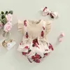 Rompers pasgeboren baby babymeisjes romper katoen kort bloemen bedrukte jumpsuit met hoofdband peuter zomerkleding outfits j220922