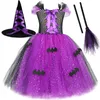 Special Occasions Sparkly Witch Halloween Costumes for Girls Purple Black Bat Long Tutu Dress Kids Carnival Cosplay Outfit with Broom Hat 220922