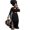 Plus Size Dresses Elegant Women's Curve Sheath Slit Striped Round Neck Long Sleeve Sports Casual Sexy 4XL Preppy Maxi Dress