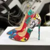 Dress Shoes Multicolour Printed Women High Heel Pumps 8cm 10cm 12cm Stiletto Patchwork Pointed Toe Celebrating Banquet