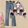 Women's Two Piece Pants Women Denim Set Female V-neck Knitted Cardigans Tops And Wide Leg Streetwear Pant Suits Ladies Trousers Suit G01