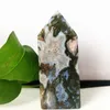 Decorative Figurines Natural Moss Agate Crystal Tower Wand Point Stone Obelisk Room Decoration Water Grass Aquarium Ornaments Wicca Healing