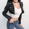 Women's Leather Black PU Crop Jacket Street Wear Punk Style Womens Coats Long Sleeve Turn-Down Zipper Short 2022 Fashion