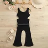 Rompers 2022 Toddler Kids Girls Sleeveless Jumpsuit Solid Color Knitted Ribbed Flare Pants Summer Casual Clothing With Waist Bag J220922