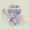 Rompers spädbarn baby flicka romper rund nacke ruffle hylsa bowknot dekorerad blommig tryckt lapptäcke romper jumpsuit pannband j220922