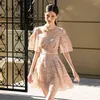 Party Dresses Vietnamese Designer Dress Lace Embroidery Waist Closing Women's Elegant Retro Dinner Banquet Short 2022 Summer