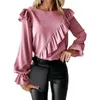 Women's Blouses Women Shirt Blouse O-Neck Long Sleeves Autumn Top Ladies Ruffles Decor Solid Color Tunic Pullover Female Streetwear