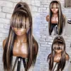 13X6 Lace Frontal Wig Fringe Blonde Highlight Silky Straight 360 Lace Front Human Hair Wigs with Bangs 5X5 Closure Wigss 180% Soft