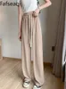 Women's Pants Capris Summer Ice Silk Wide Leg High Waist Straight Beige Lace Up Soft Female Slacks Trousers for 220922