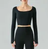 Fish Bone Tangent Square Neck Yoga Outfits Top Long Sleeve Female Slim Sports Shirt Fitness Gym Clothes