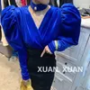 Kvinnors T -skjortor Kvinnor Satin Tunics 2022 Sexig blus Party Long Puff Sleeve Tops Fashion Streetwear Solid Color Wrap V Neck Autumn