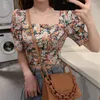 Chemisiers pour femmes Vintage Puff Slevee Floral Blouse Printemps Col Carré Femmes Court Designer Tops Casual Coréen Une Pièce Vêtements Dames