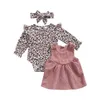 Kläderuppsättningar Småbarn Spädbarn 3st Baby Girls Outfit Leopard Tryck långärmad rund krage romper solid corduroy kjol huvudbonader 0-18m