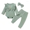 Set di abbigliamento Estate 3 pezzi Completi per bebè Tinta unita Ruffled Maniche lunghe Pagliaccetto Elastico in vita Pantaloni Fascia per bambine 0-24 mesi