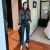 Women's Two Piece Pants Ladies Autumn 2 Set Women Plaid Tweed Tassel Bow Lace Up Short Jacket Coat High Waist Black Split Flare Suit