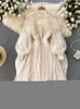 Casual Dresses Summer Women's Dress Temperament Flower Mesh Stand Collar Lantern Sleeves High Waist Slim Suspender Two-piece