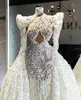 Стильное русалка свадебное платье с длинными рукавами высокие шея 3D кружевные аппликации с блестками жемчужины