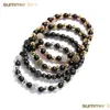 Beaded Strands 6Mm Matte Black Natural Stone Beads Elastic Bracelet Fashion Sliver Gold Color Copper Jewelry Charm For Men Women Dro Dh7Wy